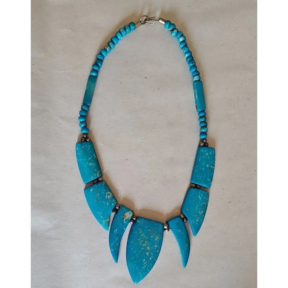 Blue Turquoise Statement Necklace Gold Art Deco Resin‎ Chunky Tribal Choker 8 in